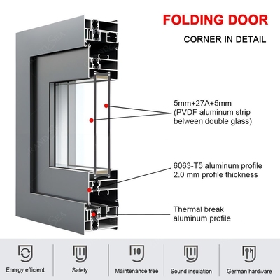 Grandsea Waterproof Hurricane Proof Aluminium Alloy Patio Glass Bi Folding Door American Bifolding Aluminum Folding Door