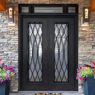 China Patio Single Pocket Double Door Main House Entry Entrance  Wrought Iron Door with Elegant Decorative Design