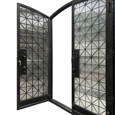 American Style Luxury Front Entry Reed Glass Black Hand Crafted Iron Doors Entrance Wrought
