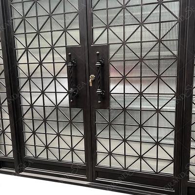 American Style Luxury Front Entry Reed Glass Black Hand Crafted Iron Doors Entrance Wrought